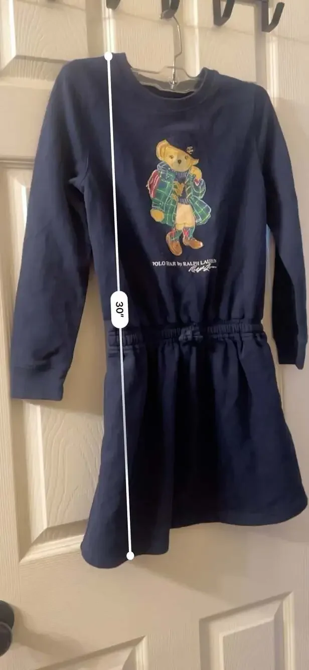 Polo Ralph Lauren Girls Navy Blue Polo Bear Fleece Sweatshirt Dress M (8-10)